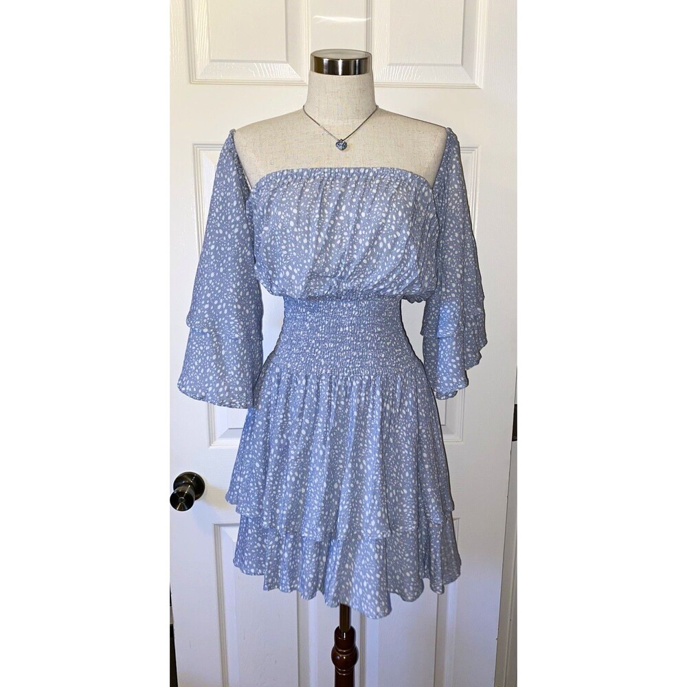 Forever 21 Blue/White Abstract Smocked Square Neck Bell Sleeve Mini Dress M